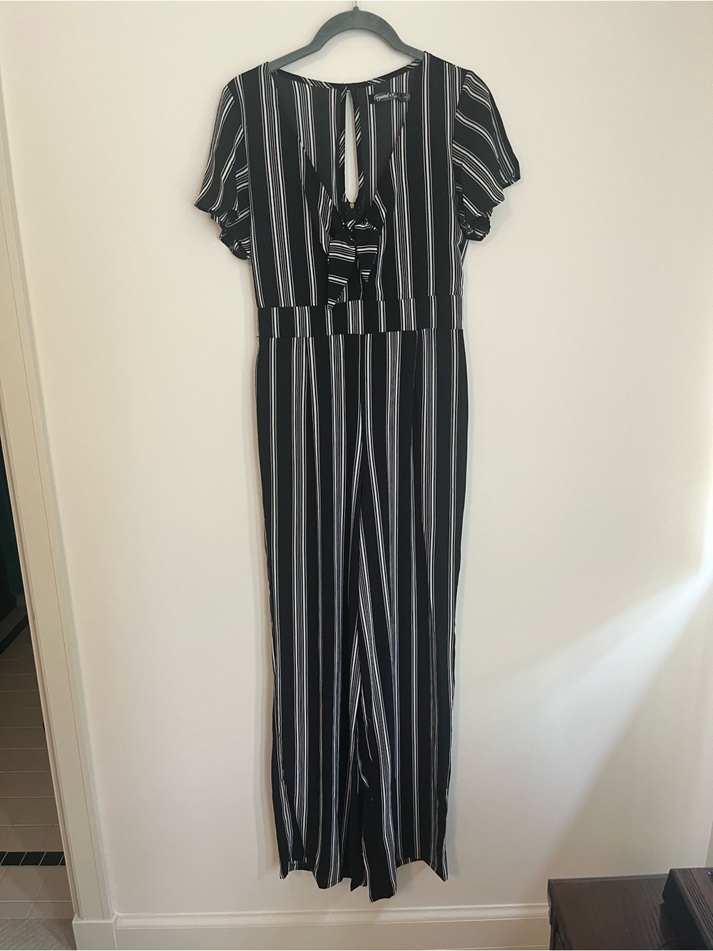Striped Black & White Tie-Front Short Sleeve Jumpsuit